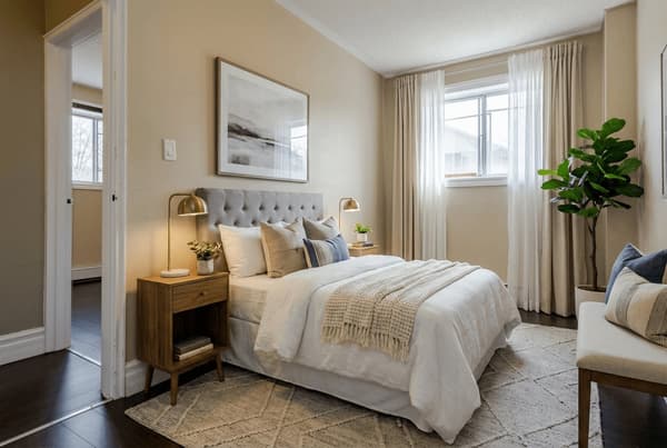 Bedroom with a double bed and side table at 18 Elm Street, Kingston, shown virtually staged