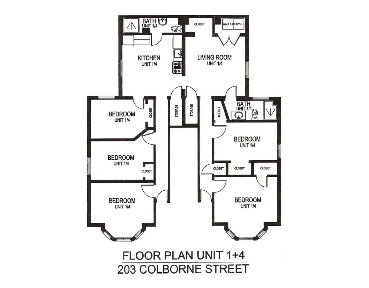 Unit 1+4 floor plan, 6 bedroom, 2 bathroom, 203 Colborne Street Kingston