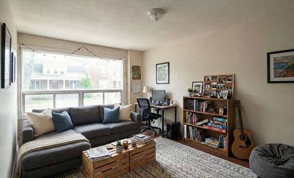 Staged rendering of a living room set up to study in at 394 Alfred Street, Kingston