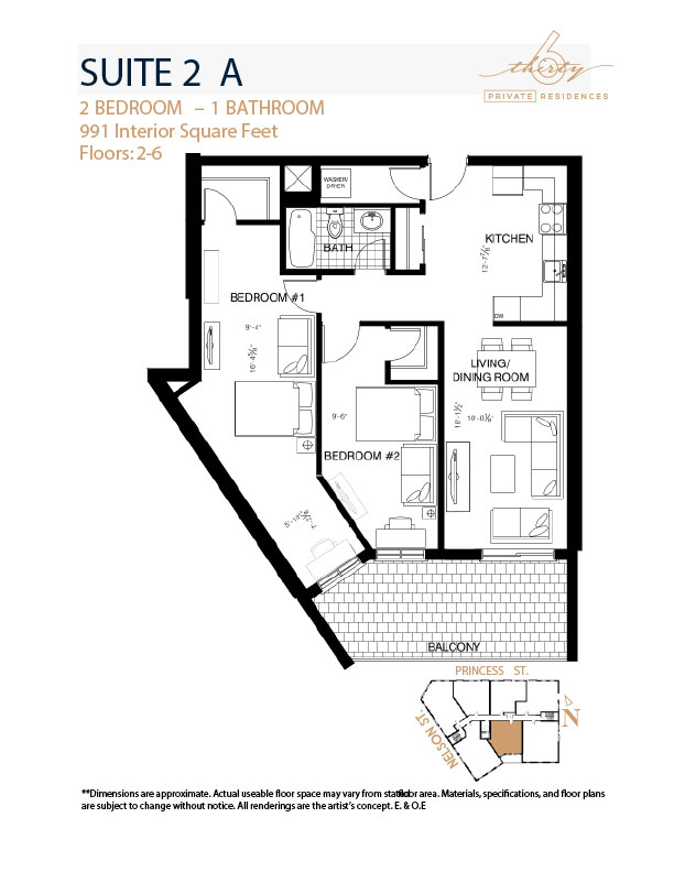 Suite 2A floor plan, 2 bedroom, 1 bathroom, 991 interior square feet, 630 Princess Street Kingston