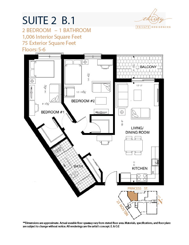 Suite 2B.1 floor plan, 2 bedroom, 1 bathroom, 1,006 interior square feet, 630 Princess Street Kingston
