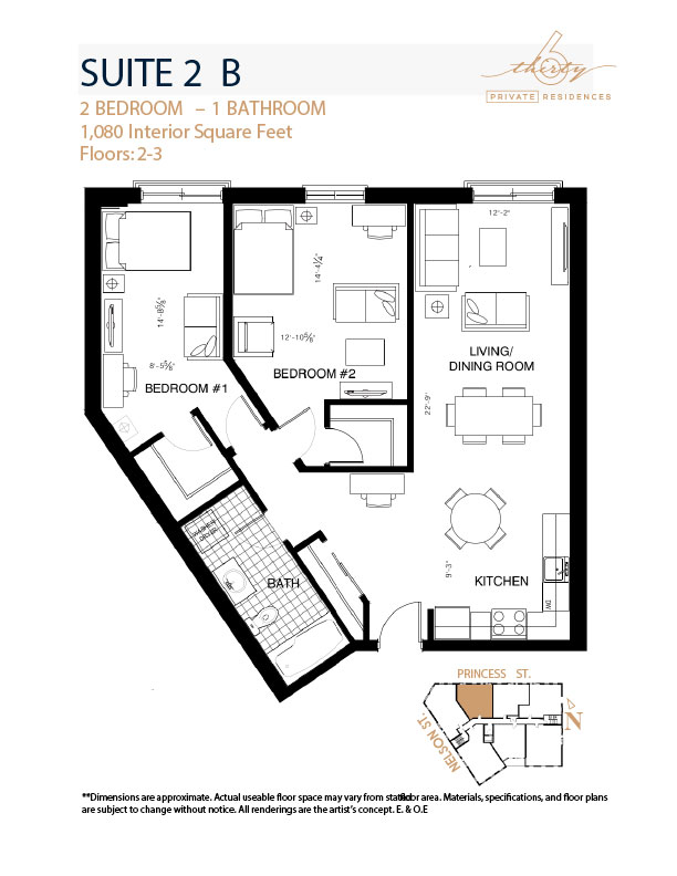 Suite 2B floor plan, 2 bedroom, 1 bathroom, 1,080 interior square feet, 630 Princess Street Kingston