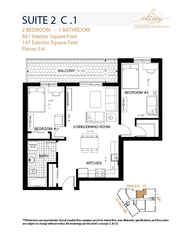 Suite 2C.1 floor plan, 2 bedroom, 1 bathroom, 861 interior square feet, 630 Princess Street Kingston