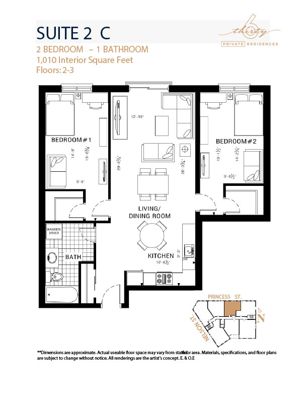 Suite 2C floor plan, 2 bedroom, 1 bathroom, 1,010 interior square feet, 630 Princess Street Kingston