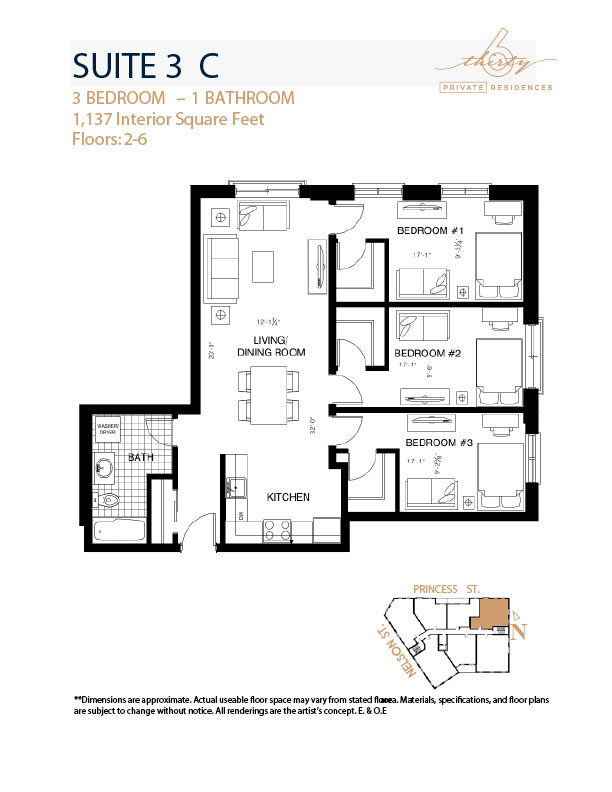 Suite 3C floor plan, 3 bedroom, 1 bathroom, 1,137 interior square feet, 630 Princess Street Kingston