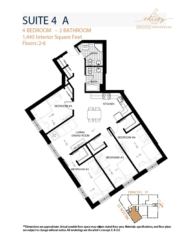 Suite 4A floor plan, 4 bedroom, 2 bathroom, 1,445 interior square feet, 630 Princess Street Kingston