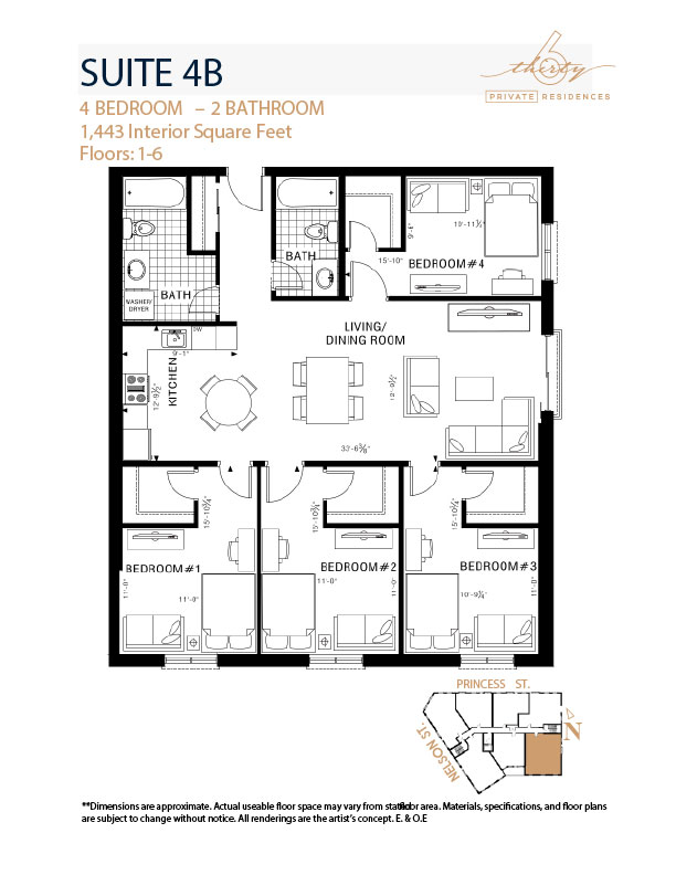 Suite 4B floor plan, 4 bedroom, 2 bathroom, 1,443 interior square feet, 630 Princess Street Kingston