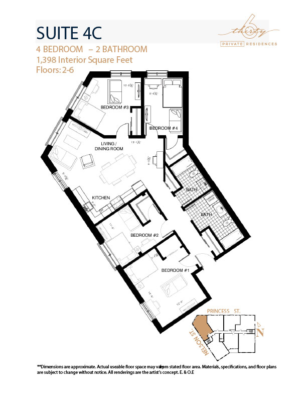 Suite 4C floor plan, 4 bedroom, 2 bathroom, 1,398 interior square feet, 630 Princess Street Kingston