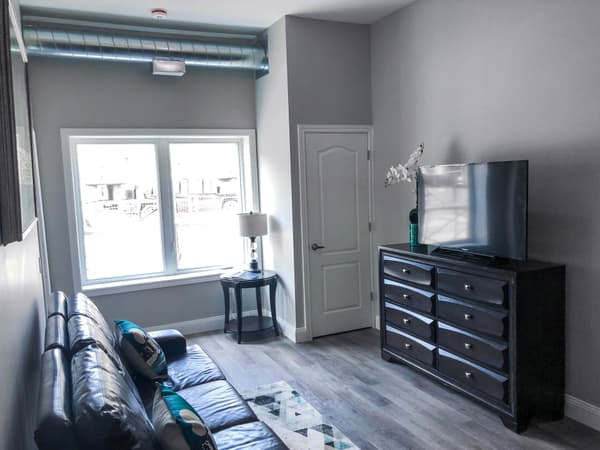 Model suite living area with sofa, television and window at 630 Princess Street, Kingston